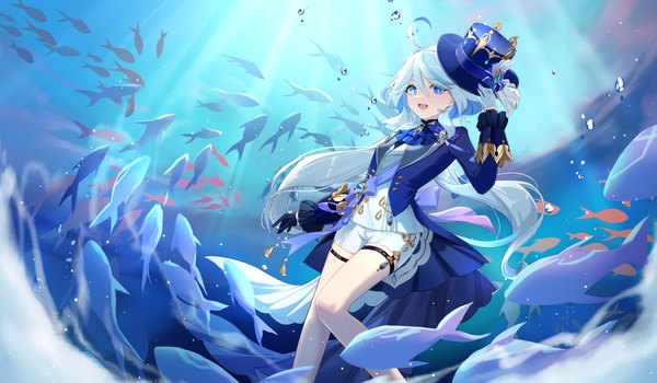 Anime picture 4800x2800 with genshin impact furina (genshin impact) morimori (14292311) single long hair fringe highres open mouth blue eyes hair between eyes wide image absurdres silver hair ahoge :d heterochromia underwater girl gloves animal