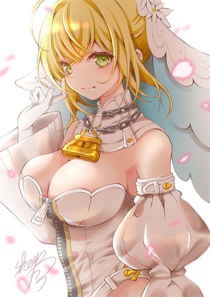 Anime picture 1500x2125 with fate (series) fate/extra fate/extra ccc nero claudius (fate) nero claudius (bride) (fate) sheepd single tall image looking at viewer short hair breasts light erotic simple background blonde hair large breasts white background green eyes signed cleavage upper body