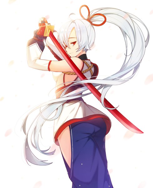 Anime-Bild 800x979 mit fate (series) fate/grand order tomoe gozen (fate) tp (kido 94) single long hair tall image looking at viewer fringe simple background hair between eyes red eyes standing white background holding silver hair ponytail traditional clothes japanese clothes looking back