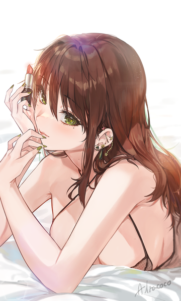 Anime-Bild 1000x1667 mit original alraco single long hair tall image looking at viewer blush fringe breasts light erotic simple background hair between eyes brown hair large breasts white background green eyes signed upper body lying nail polish