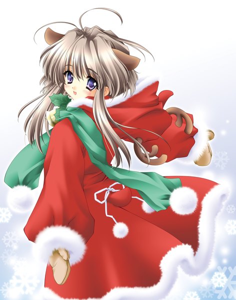 Anime picture 3583x4553 with single long hair tall image fringe highres open mouth blue eyes animal ears silver hair ahoge horn (horns) grey hair fur trim girl scarf fur coat santa claus costume pom pom (clothes) winter clothes
