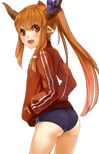Anime picture 900x1400 with touhou ibuki suika nishiuri (artist) single long hair tall image blush open mouth light erotic simple background red eyes white background ass ponytail looking back horn (horns) pointy ears orange hair teeth fang (fangs)