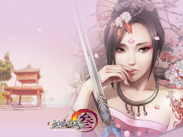 Anime picture 1024x768 with zhang xiao bai single black hair bare shoulders green eyes hair flower realistic inscription tattoo cherry blossoms facial mark hieroglyph finger to mouth girl hair ornament flower (flowers) weapon petals sword pendant
