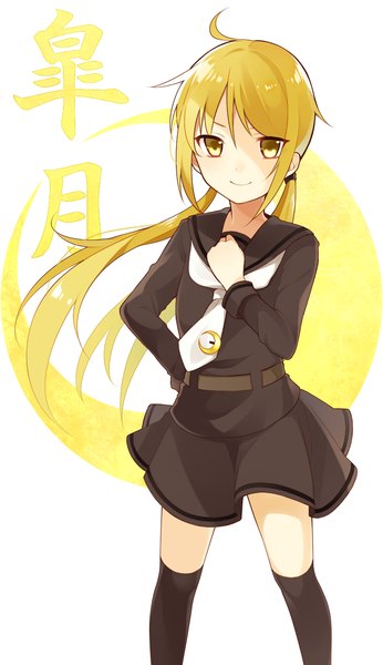 Anime picture 833x1443 with kantai collection satsuki destroyer chisumi single long hair tall image looking at viewer fringe blonde hair standing white background twintails yellow eyes ahoge light smile wind hand on hip low twintails hieroglyph hand on chest