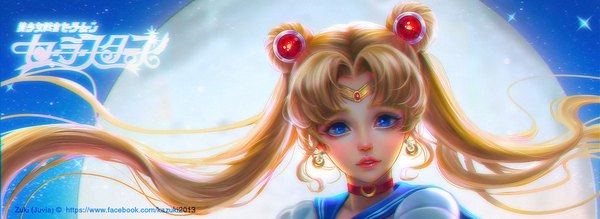 Anime picture 1095x400 with bishoujo senshi sailor moon toei animation tsukino usagi sailor moon juvia ho single long hair looking at viewer blush fringe blue eyes blonde hair wide image upper body parted lips night hair bun (hair buns) night sky copyright name lipstick