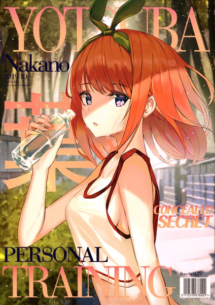 Anime picture 800x1132 with go-toubun no hanayome nakano yotsuba kei young single tall image looking at viewer fringe short hair breasts open mouth light erotic standing purple eyes signed payot outdoors orange hair wet character names sideboob