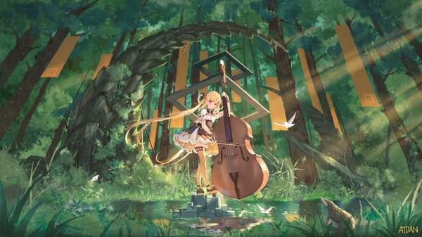 Anime picture 8000x4500 with vocaloid synthesizer v shian (synthesizer v) atdan single looking at viewer highres blonde hair wide image standing signed absurdres ahoge outdoors braid (braids) very long hair pink eyes sunlight zettai ryouiki sunbeam