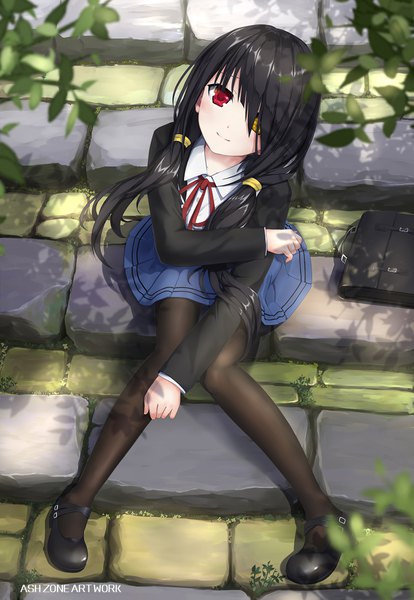 Anime picture 1326x1920 with date a live tokisaki kurumi ashzone single long hair tall image looking at viewer fringe smile red eyes sitting twintails signed full body head tilt from above sunlight hair over one eye shadow alternate costume
