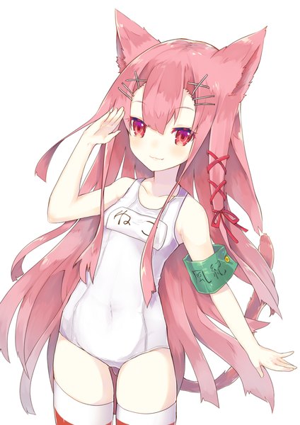 Anime picture 1240x1754 with original sakofu single long hair tall image looking at viewer blush fringe light erotic simple background smile hair between eyes white background animal ears pink hair tail animal tail pink eyes from above cat ears