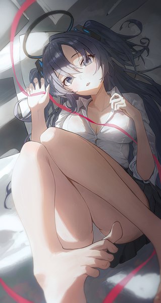 Anime picture 931x1750 with blue archive yuuka (blue archive) matsogum single long hair tall image looking at viewer fringe light erotic hair between eyes blue hair cleavage barefoot from above bare legs grey eyes two side up girl underwear panties