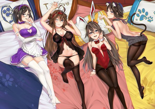 Anime picture 4000x2819 with kantai collection kongou battleship haruna battleship kirishima battleship hiei battleship b3b long hair looking at viewer blush fringe highres short hair breasts open mouth light erotic black hair smile hair between eyes brown hair large breasts