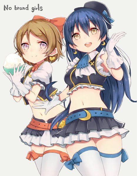 Anime picture 700x900 with love live! school idol project sunrise (studio) love live! sonoda umi koizumi hanayo haruken long hair tall image blush short hair open mouth simple background smile brown hair purple eyes multiple girls brown eyes blue hair pleated skirt bare belly