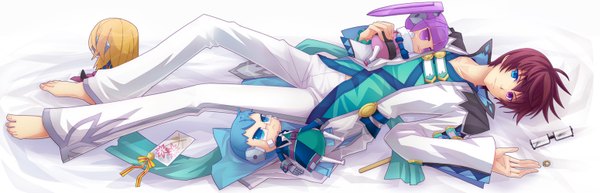 Anime picture 1549x500 with tales of graces sophie (tales) asbel lhant richard (tales) hubert ozwell brown hair wide image lying barefoot light smile heterochromia boy glasses ring suit doll (dolls)