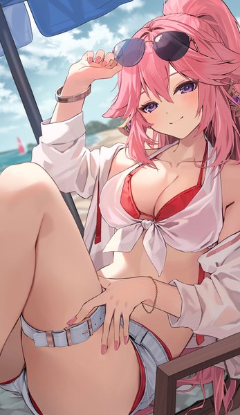 Anime picture 1332x2300 with genshin impact yae miko mocha (mokaapolka) single long hair tall image looking at viewer fringe breasts light erotic smile hair between eyes large breasts purple eyes pink hair outdoors ponytail beach sunglasses on head front-tie top