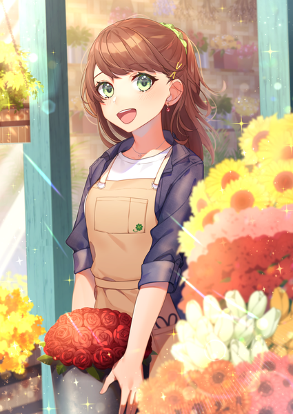 Anime picture 1062x1500 with original peta (snc7) single long hair tall image looking at viewer open mouth brown hair green eyes sparkle half updo girl hair ornament flower (flowers) earrings rose (roses) apron x hair ornament red rose sunflower