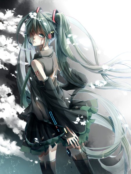 Anime picture 1000x1333 with vocaloid hatsune miku itsukihimetsu itta single tall image looking at viewer twintails bare shoulders cloud (clouds) very long hair aqua eyes aqua hair zettai ryouiki girl thighhighs detached sleeves headphones