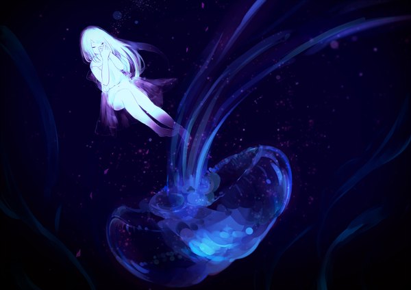 Anime picture 1548x1095 with original chizuru (ambient) single long hair fringe bare shoulders white hair eyes closed barefoot bare legs no shoes blue background pale skin underwater girl dress white dress bubble (bubbles) jellyfish