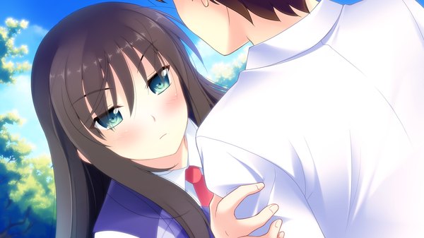 Anime picture 2048x1152 with shinsei ni shite okasubekarazu (game) kunitomo miori watari masahito long hair blush highres black hair wide image green eyes game cg girl