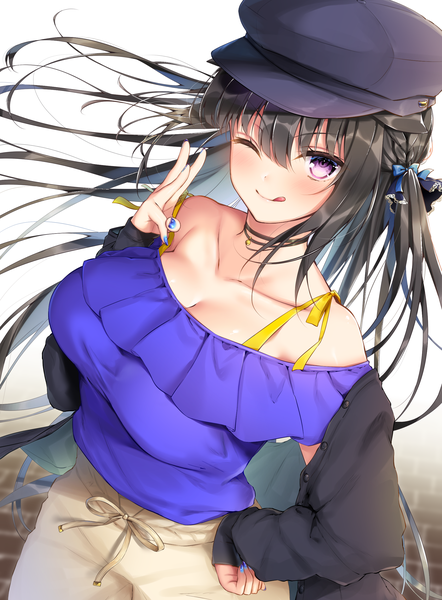 Anime picture 1845x2505 with original navy (navy.blue) single long hair tall image looking at viewer blush fringe highres breasts black hair simple background hair between eyes large breasts standing white background purple eyes bare shoulders payot cleavage