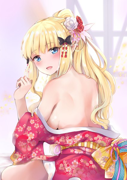 Anime-Bild 850x1200 mit princess connect! re:dive princess connect! saren (princess connect!) konka single long hair tall image looking at viewer blush fringe breasts open mouth blue eyes light erotic blonde hair sitting payot ponytail blunt bangs traditional clothes