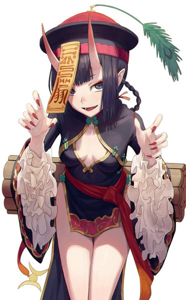 Anime picture 1055x1700 with fate (series) fate/grand order shuten douji (fate) tesin (7aehyun) single tall image looking at viewer blush fringe short hair breasts open mouth blue eyes light erotic simple background smile white background purple hair braid (braids) long sleeves