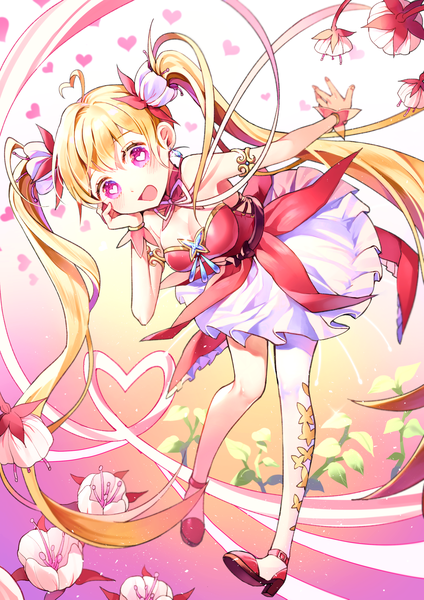 Anime picture 2480x3508 with original azit (down) single tall image looking at viewer blush highres breasts open mouth blonde hair smile twintails full body ahoge very long hair :d pink eyes hair flower leaning leaning forward