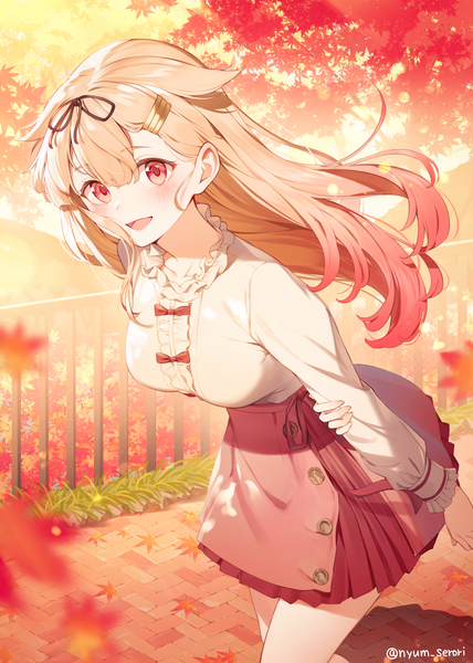 Anime-Bild 1786x2505 mit kantai collection yuudachi destroyer nyum single long hair tall image looking at viewer blush fringe highres breasts open mouth blonde hair smile hair between eyes red eyes standing signed outdoors long sleeves