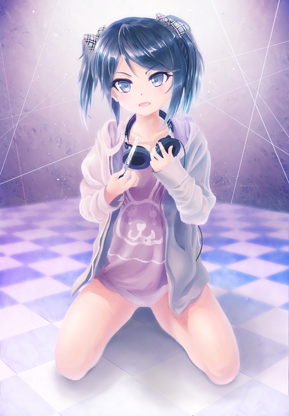 Anime picture 1391x2000 with original alc (ex2 lv) single tall image looking at viewer blush short hair open mouth blue eyes twintails blue hair short twintails checkered floor girl bow hair bow headphones