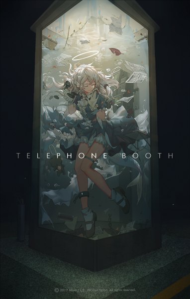Anime picture 1300x2040 with original mivit single long hair tall image full body white hair tail eyes closed text torn clothes black background underwater english skirt flip against glass fish tail girl dress gloves