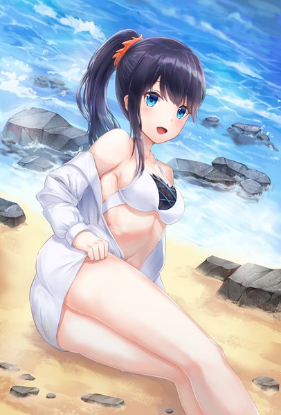 Anime picture 620x915 with gridman universe ssss.gridman studio trigger takarada rikka lunacle single long hair tall image looking at viewer fringe breasts open mouth blue eyes light erotic black hair large breasts sitting payot :d off shoulder
