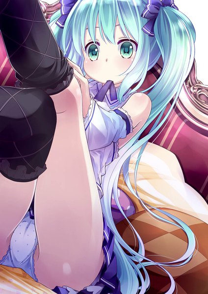 Anime picture 1240x1754 with vocaloid hatsune miku 54hao single long hair tall image blush fringe highres light erotic sitting twintails bare shoulders holding green eyes looking away aqua hair pantyshot mouth hold girl