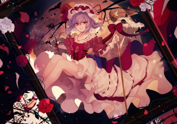 Anime picture 1500x1050 with touhou remilia scarlet renkarua single looking at viewer short hair red eyes blue hair vampire empty picture frame girl dress gloves flower (flowers) bow animal petals wings white gloves rose (roses)