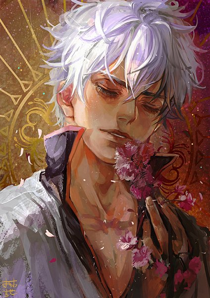 Anime picture 720x1018 with gintama sunrise (studio) sakata gintoki oreki genya single tall image short hair holding silver hair eyes closed traditional clothes japanese clothes fingernails lips cherry blossoms eyebrows boy flower (flowers) plant (plants) petals