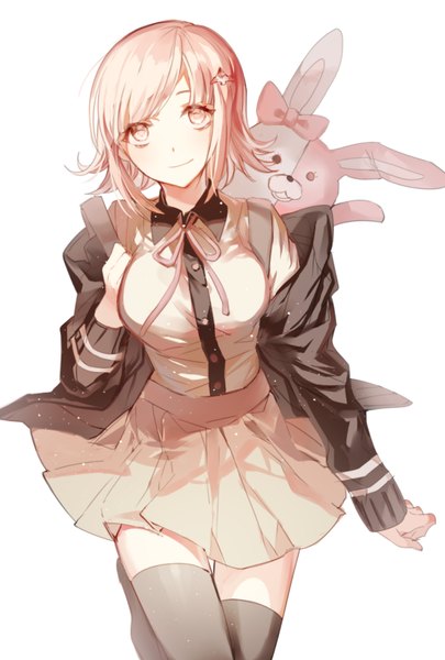 Anime picture 1181x1748 with dangan ronpa super dangan ronpa 2 nanami chiaki monomi goodman (modapi95) single tall image fringe short hair breasts simple background smile large breasts white background pink hair bent knee (knees) long sleeves pleated skirt pink eyes open jacket