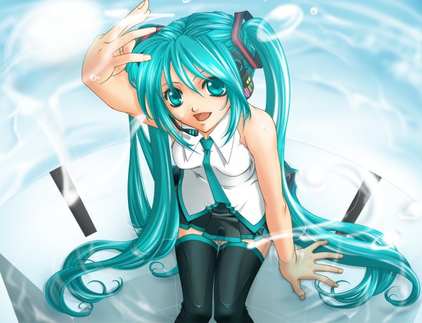 Anime picture 1200x918 with vocaloid hatsune miku open mouth twintails green eyes very long hair green hair girl thighhighs headphones microphone
