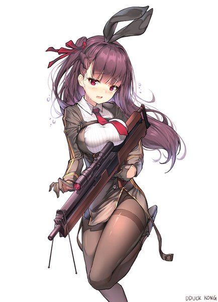 Anime picture 1447x2000 with girls frontline wa2000 (girls frontline) lee seok ho single long hair tall image looking at viewer blush fringe breasts open mouth light erotic simple background red eyes standing white background signed purple hair blunt bangs sweat