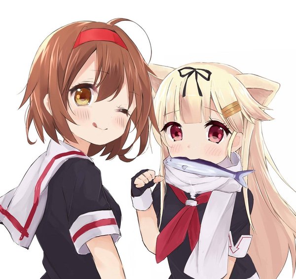Anime picture 1024x966 with kantai collection yuudachi destroyer shiratsuyu destroyer oto (piiko) long hair blush short hair simple background blonde hair smile hair between eyes red eyes brown hair white background multiple girls holding animal ears yellow eyes payot looking away