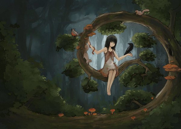 Anime picture 1284x916 with original sebaschan single long hair fringe black hair smile yellow eyes blunt bangs barefoot spread arms nature bird on hand tree sitting girl dress plant (plants) animal tree (trees) bird (birds)