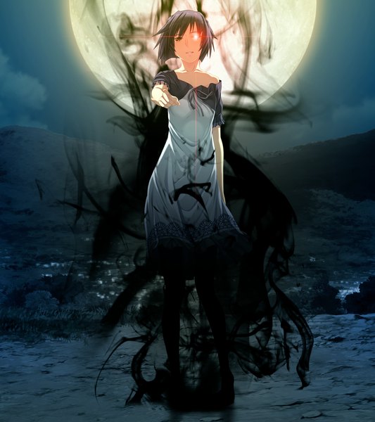 Anime picture 1024x1152 with suigetsu 2 tall image short hair black hair game cg heterochromia glowing glowing eye (eyes) girl dress moon