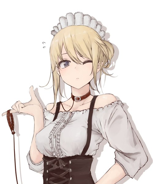 Anime picture 1351x1620 with original rutchifu single tall image blush breasts simple background white background bare shoulders holding brown eyes looking away one eye closed wink shadow short sleeves underbust girl headdress maid headdress