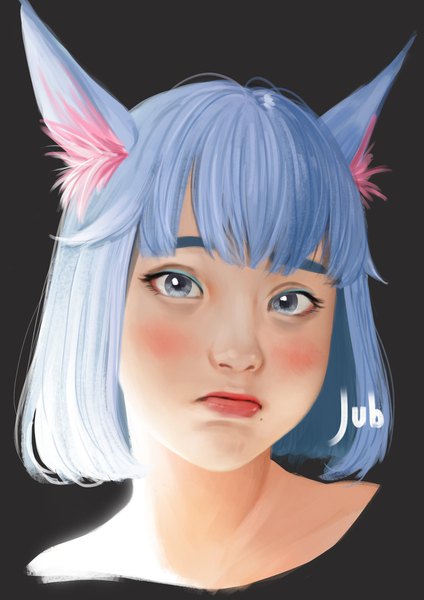 Anime picture 1240x1754 with original lizha (jubi) jubi (regiana) single tall image looking at viewer blush fringe short hair simple background signed animal ears blue hair blunt bangs lips cat ears realistic mole grey eyes portrait