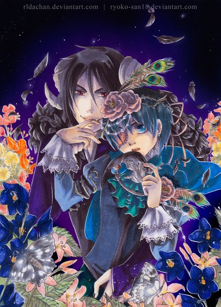 Anime picture 1280x1779 with kuroshitsuji a-1 pictures sebastian michaelis ciel phantomhive tall image looking at viewer short hair blue eyes black hair red eyes nail polish green hair multiple boys butler aristocrat dress boy flower (flowers) earrings insect