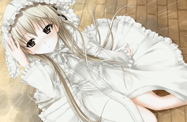 Anime picture 1500x980 with yosuga no sora kasugano sora agatsuma single long hair blush sitting brown eyes looking away silver hair rain girl dress ribbon (ribbons) hair ribbon frills white dress