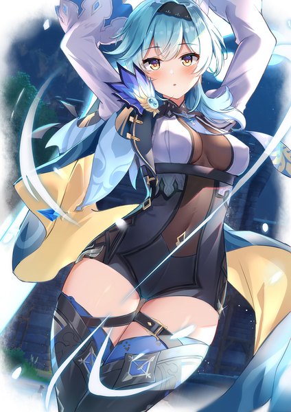 Anime picture 1060x1500 with genshin impact eula lawrence eric (tianqijiang) single long hair tall image looking at viewer blush fringe breasts light erotic yellow eyes blue hair outdoors arms up :o zettai ryouiki covered navel covered nipples girl