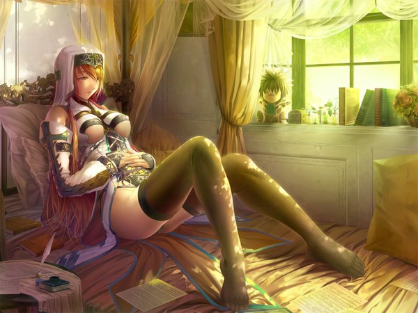 Anime picture 1600x1200 with original meganeking long hair breasts light erotic red hair girl thighhighs dress black thighhighs detached sleeves window pillow bed toy