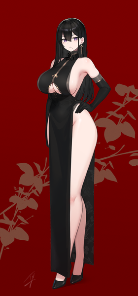 Anime picture 1560x3340 with original classy-black-haired girl (hayabusa) hayabusa single long hair tall image looking at viewer blush fringe breasts light erotic black hair hair between eyes large breasts standing purple eyes signed full body bent knee (knees) traditional clothes