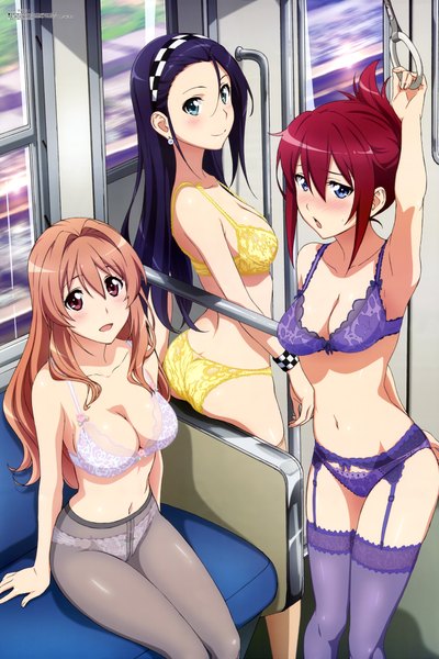 Anime picture 6053x9081 with rail wars! megami magazine sakurai aoi koumi haruka kashima noa imuta kei long hair tall image blush highres short hair breasts open mouth blue eyes light erotic brown hair multiple girls brown eyes blue hair absurdres