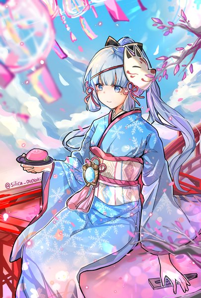 Anime picture 2756x4079 with genshin impact kamisato ayaka ovosaki single long hair tall image highres blue eyes smile sitting signed blue hair looking away sky cloud (clouds) ponytail traditional clothes japanese clothes mole mole under eye