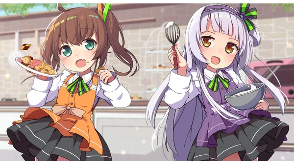 Anime picture 2048x1152 with virtual youtuber hololive murasaki shion natsuiro matsuri okota mikan long hair looking at viewer highres short hair open mouth smile brown hair wide image multiple girls green eyes yellow eyes purple hair long sleeves blurry loli