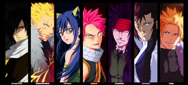 Anime picture 4375x2000 with fairy tail natsu dragneel wendy marvell gajeel redfox laxus dreyar sting eucliffe rogue cheney cobra (fairy tail) tremblax eroishi themnaxs ricardonamikaze hyugasosby marxedp senjukatashi long hair fringe highres short hair open mouth